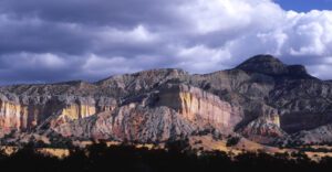 Panaorama of Ghost Ranch New Mexico with storm clouds