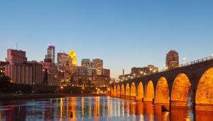 Panoramic image of Minneapolis downtown at twilight.