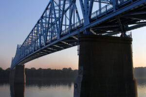 OWENSBORO, KY - MAY 2016: The Blue Bridge spans the Ohio River between Kentucky and Indiana.