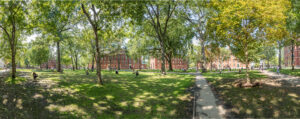 Cambridge, USA - September 13, 2017: Students and tourists rest in lawn chairs in Harvard Yard, the open old heart of Harvard University campus in Cambridge, MA, USA.