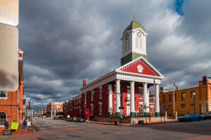 Charles Town, WV, USA - November 3, 2018: The Charles Town Historic Marker Sign located in the downtown area of the West Virginia city.