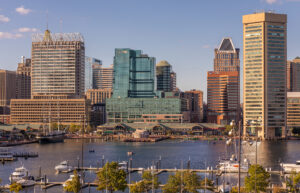 Baltimore, Maryland - October 04, 2019: View of Inner Harbor and Downtown Skyline Aerial in Baltimore, MD